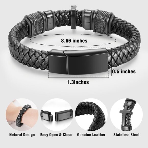 Men's Stainless Steel Leather Ashes Memorial Bracelet Cross Style Secure Keepsak - Picture 3 of 7